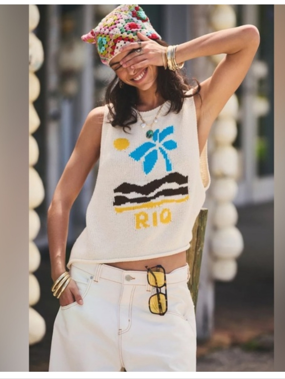 UO BDG Cream Destination Knit Sleeveless Sweater Tank with Rio Graphic